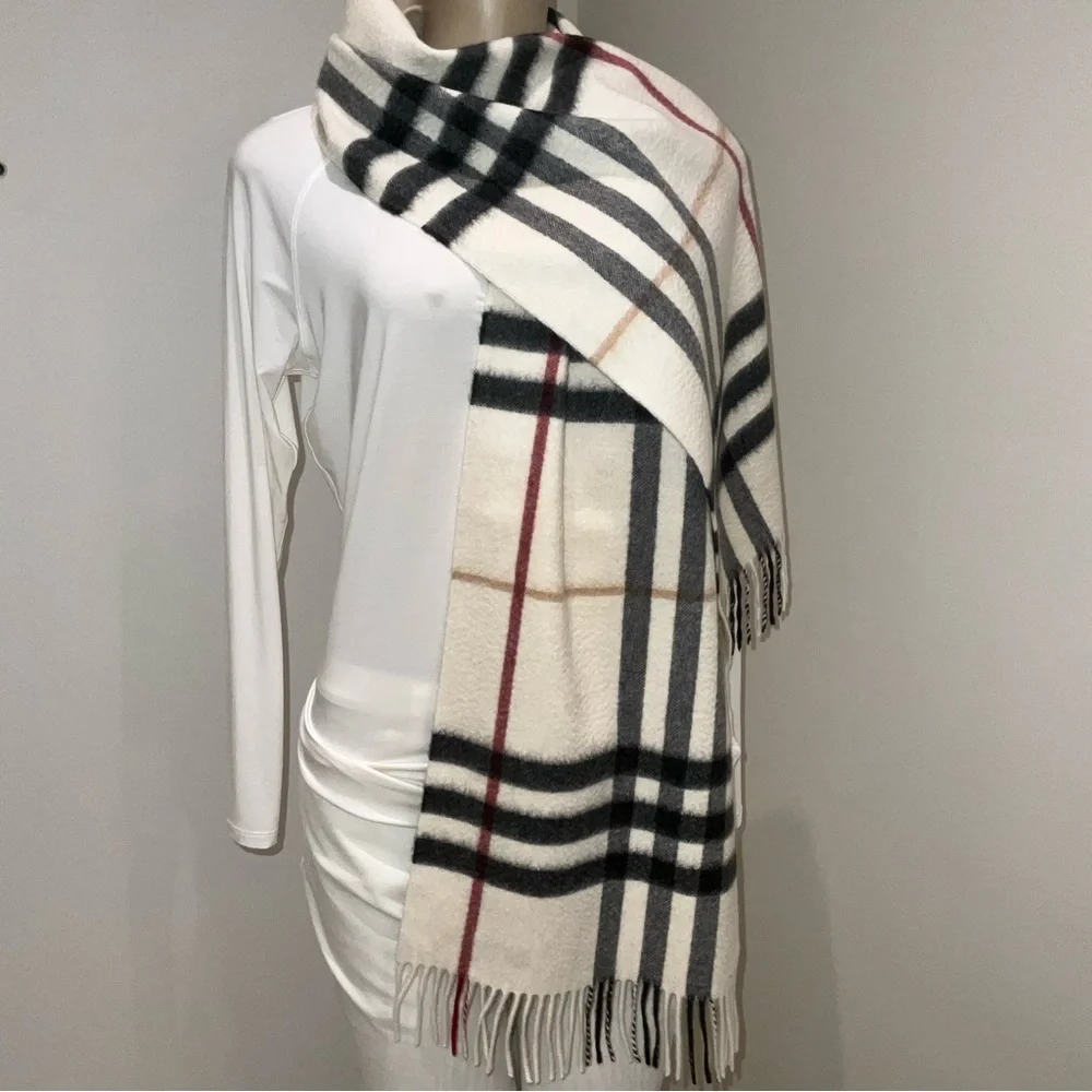 BURBERRY CASHMERE IVORY CHECK SCARF - Picture 1 of 6